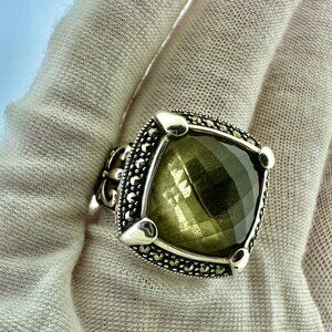 Vintage 925 Sterling Silver Smoky Quartz Marcasite Halo Ring Size 7 -14g